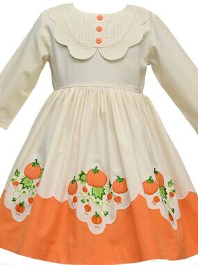 Cotton Kids Girls Long Sleeve Pumpkin Dress with Scalloped Collar Size 8